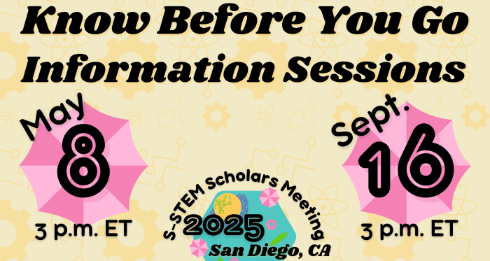 Text reads, "Know Before You Go Information Sessions. May 8. 3 p.m. ET. Sept. 16. 3 p.m. ET." Pink accent umbrellas behind each event date. Logo for the 2025 S-STEM Scholars Meeting at the bottom. Background features STEM tools and symbols.