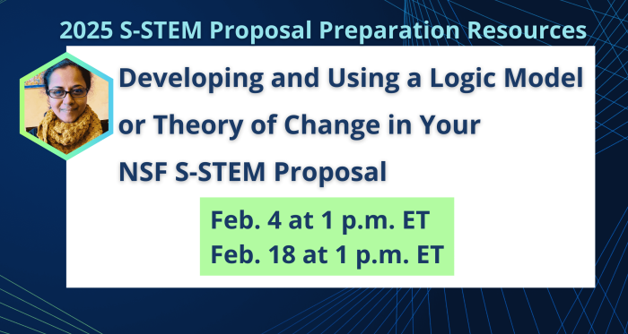 Light blue text at top reads, "2024 S-STEM Proposal Preparation Resources." On a white rectangle, text reads, "Developing and Using a Logic Model or Theory of Change in your NSF S-STEM Proposal. Feb. 4 at 1 p.m. ET & Feb. 18 at 1 p.m. ET." Logos at the bottom include AAAS, S-STEM REC, and NSF. Blue background with blue and green geometric lines.