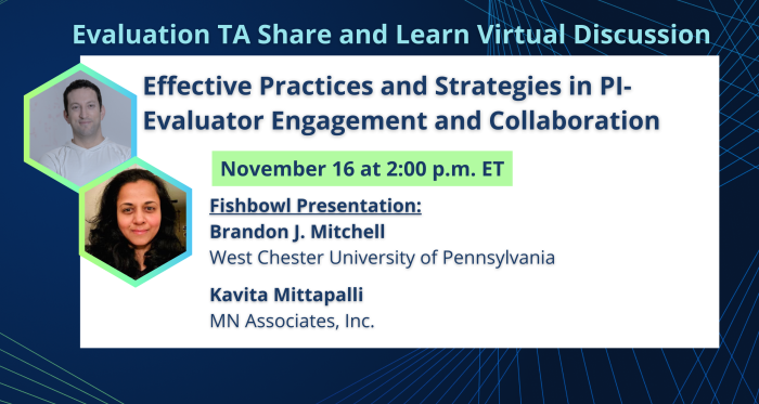 Dark blue background with green-blue geometric lines. Light blue title text reads, "Evaluation TA Share and Learn Virtual Discussion." In white rectangle text reads, "Effective Practices and Strategies in PI-Evaluator Engagement and Collaboration. November 16 at 2:00 p.m. ET. Fishbowl Presentation: Brandon J. Mitchell. West Chester University of Pennsylvania. Kavita Mittapalli. MN Associates, Inc." In green-blue hexagon, featured headshots of speakers: Brandon Mitchell and Kavita Mitapalli.