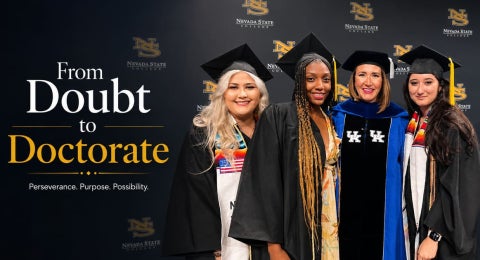Text reads, "From doubt to doctorate. Perseverance. Purpose. Possibility." Four women in graduation regalia smiling in front of a step and repeat.