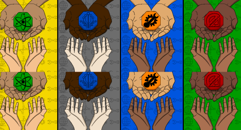 Hands of varied skin tones sharing tokens with each other in front of multiple colored panels.